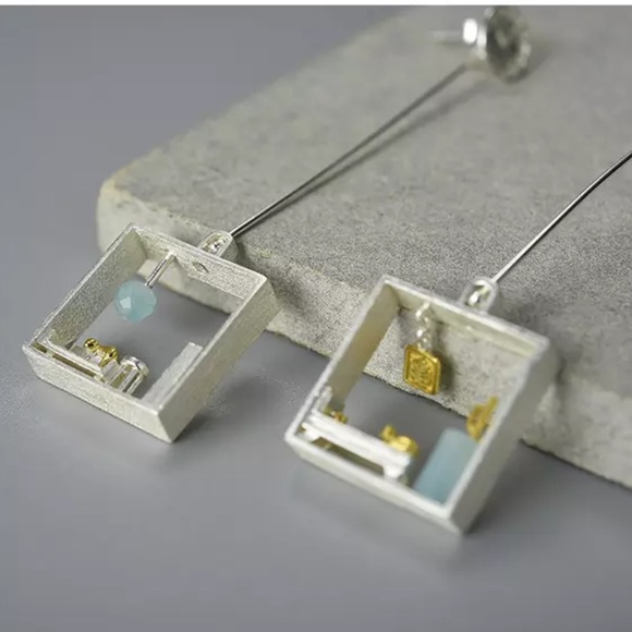 🎁 Artisan Handmade 925 Silver The Zechary Amazonite Shadow Box Earrings - Picture 3 of 9